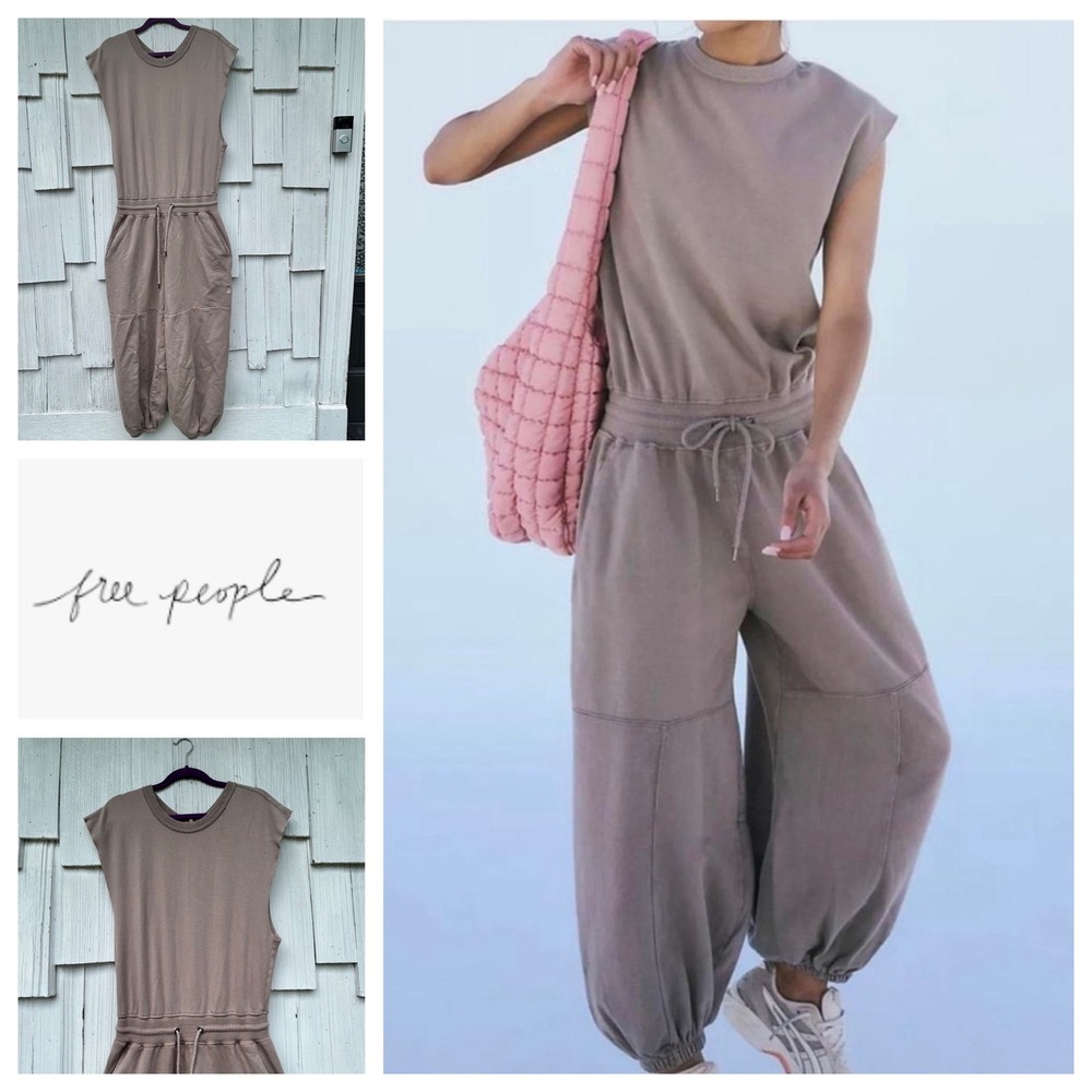 FP Movement by Free People Taupe Sleeveless Drawstring Jumpsuit